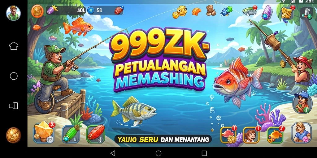 Screenshot dari gameplay 999ZK yang menampilkan aksi memancing seru.
