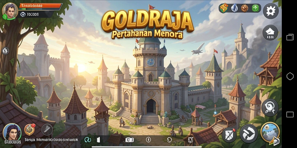 Screenshot gameplay <strong>GOLDRAJA</strong> menampilkan pertahanan menara di medan pertempuran.