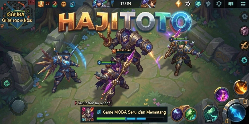 Screenshot gameplay <strong>HAJITOTO</strong> menampilkan aksi pertarungan seru dalam arena MOBA.