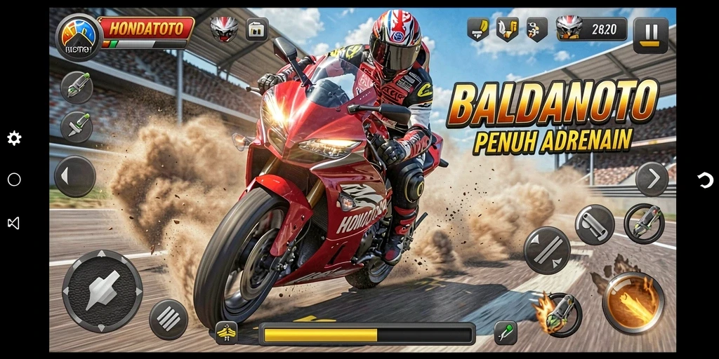 Screenshot HONDATOTO menunjukkan aksi balapan motor yang mendebarkan.