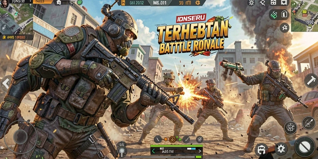 Tampilan gameplay mendebarkan di IDNSERU, ajang pertempuran Battle Royale.
