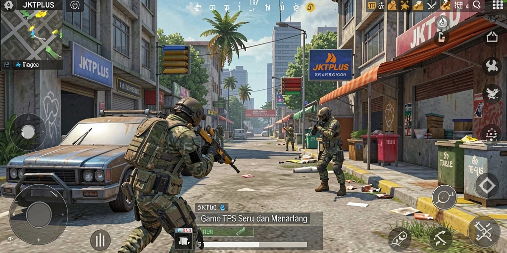 Screenshot JKTPLUS menampilkan aksi intens dalam gameplay TPS.