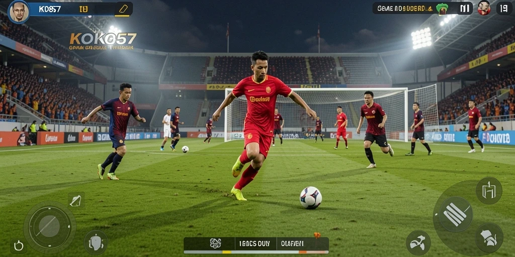 Screenshot gameplay KO857 menampilkan aksi seru sepak bola.