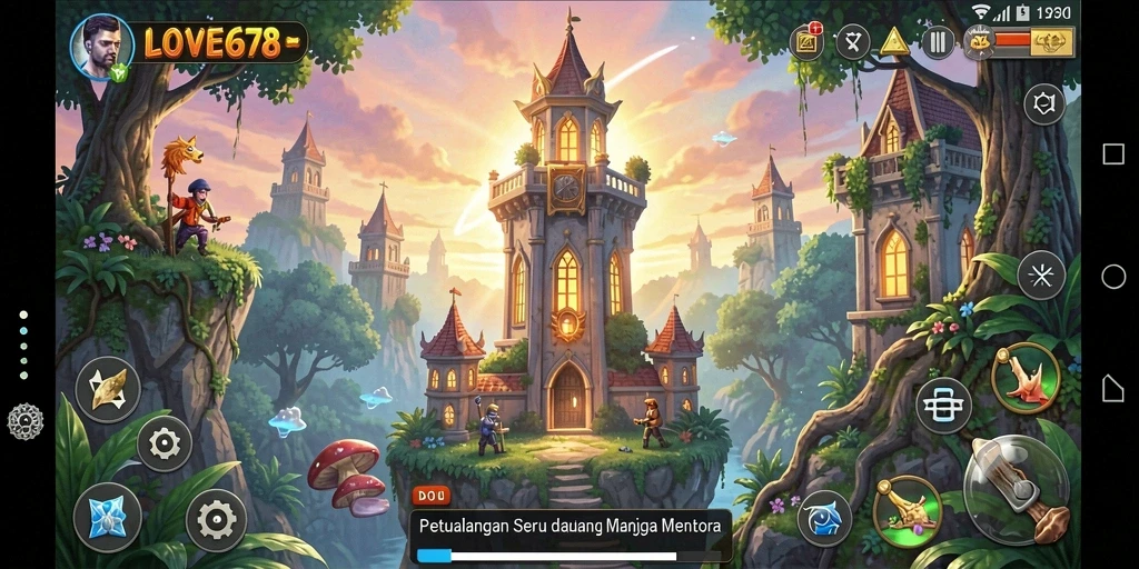 Screenshot gameplay LOVE678 menunjukkan aksi seru menara menghadang musuh.