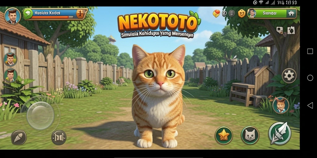 Screenshot menunjukkan gameplay interaktif dengan kucing lucu.