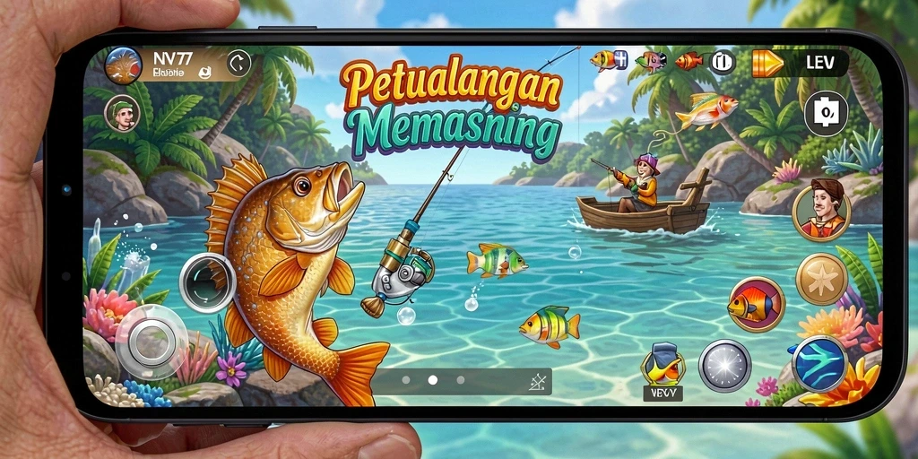 Tampilan menarik dari gameplay NV77 yang menampilkan momen menangkap ikan.