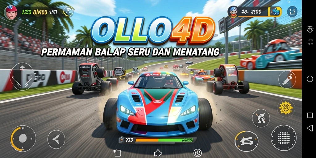 Screenshot gameplay OLLO4D menampilkan balapan seru dengan mobil kustom dan lintasan menantang.