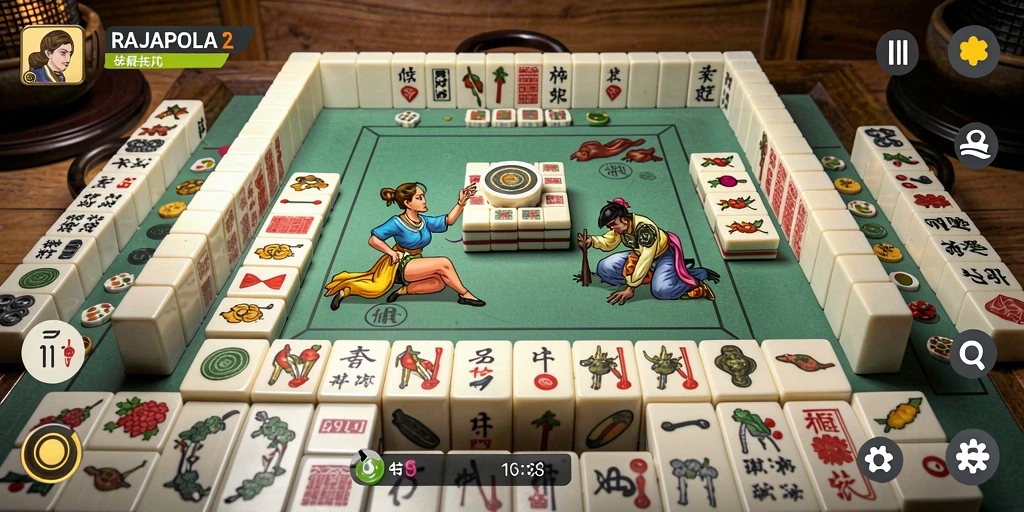 Tampilan gameplay seru RAJAPOLA dengan ubin Mahjong yang menantang.
