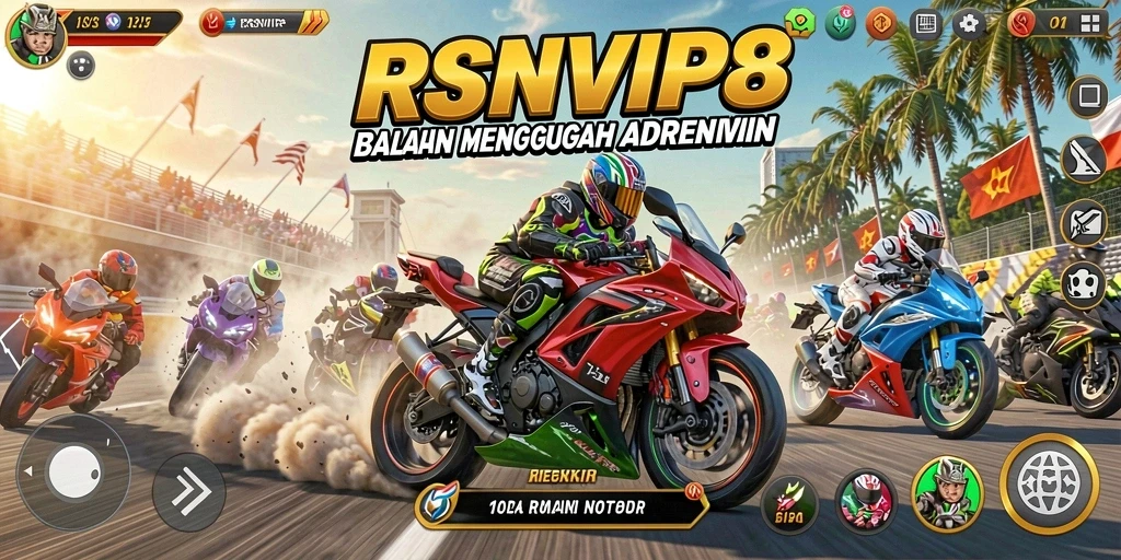 Screenshot gameplay RSNVIP8 dengan aksi balapan motor yang intens.