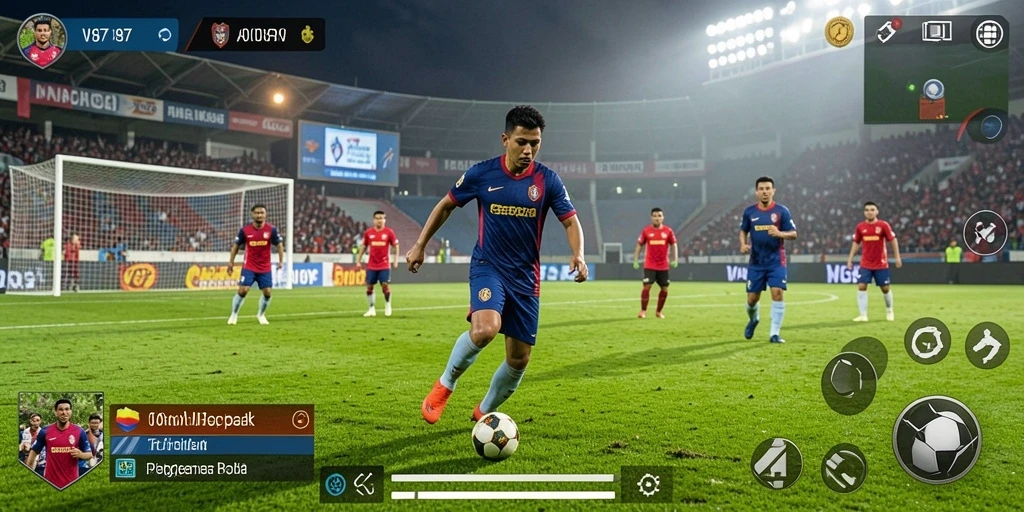 Tampilan gameplay V87 dengan aksi sepak bola yang seru.