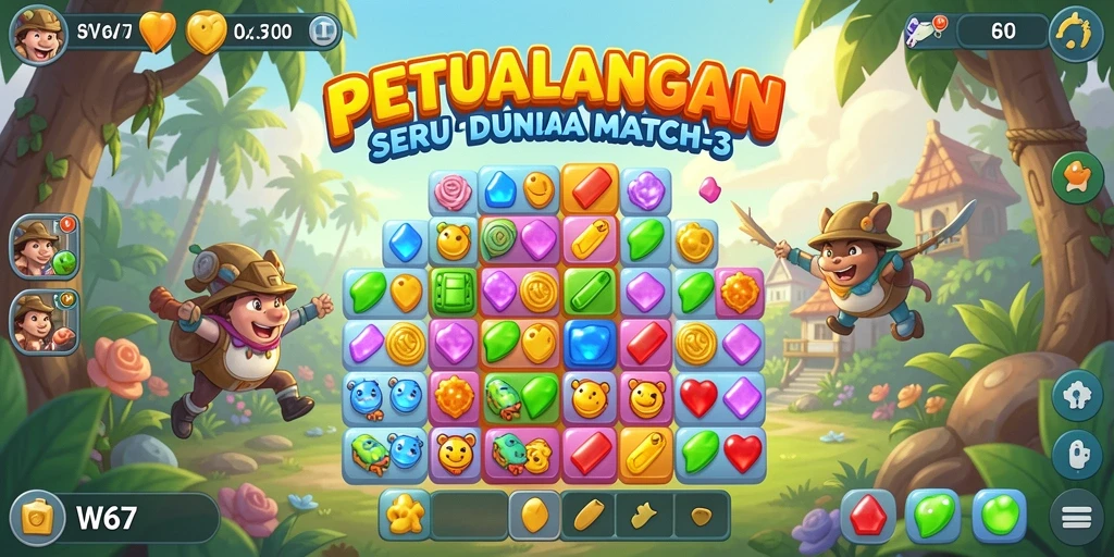 Gameplay seru W67 dengan grafis menawan dan tantangan Match-3.